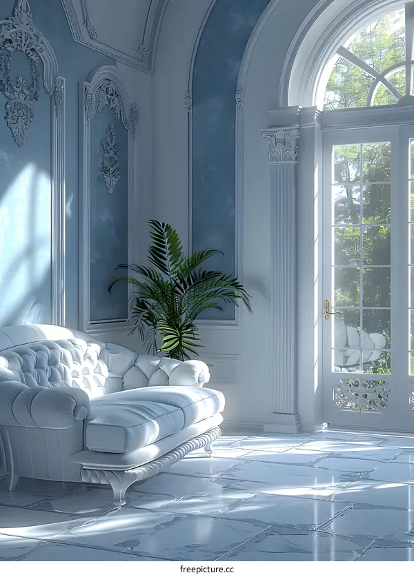 ornate living room with blue walls and white furniture