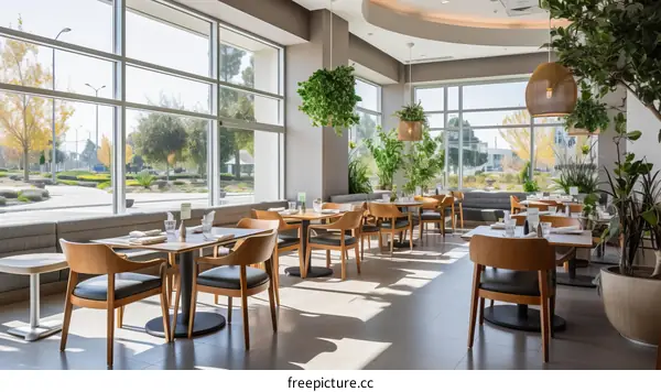 contemporary upscale restaurant interior with large windows