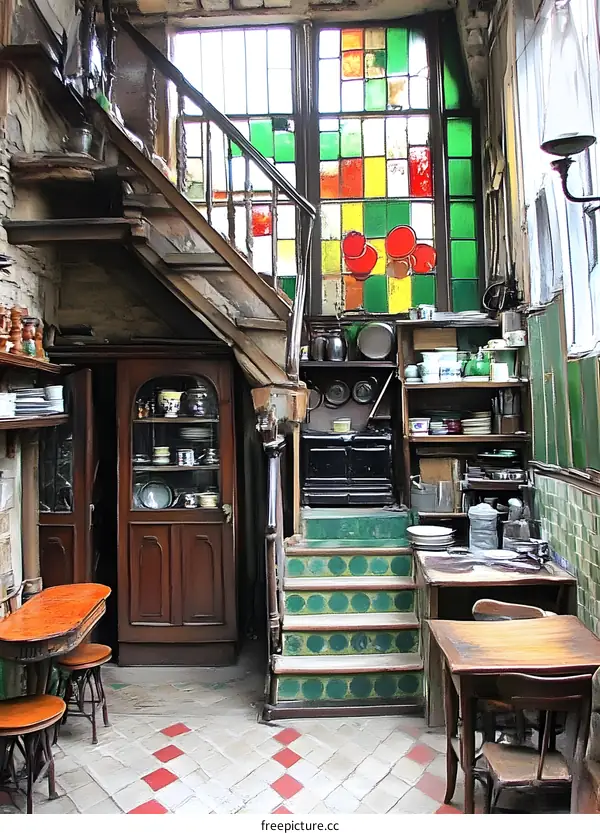 Old Vintage Interior Kitchen With Stained Glass Window