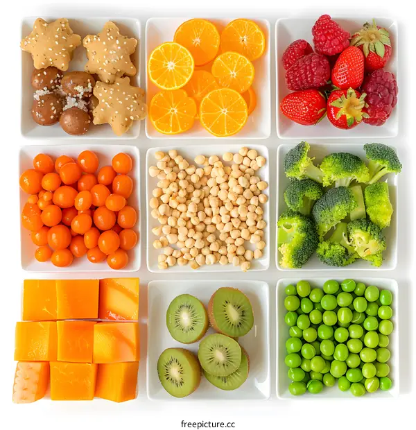 Assortment of Fresh Fruits and Vegetables in White Bowls