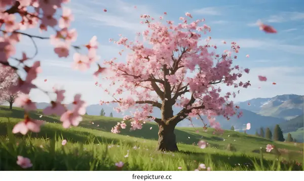 A beautiful cherry blossom tree blooming in a green meadow with mountain view