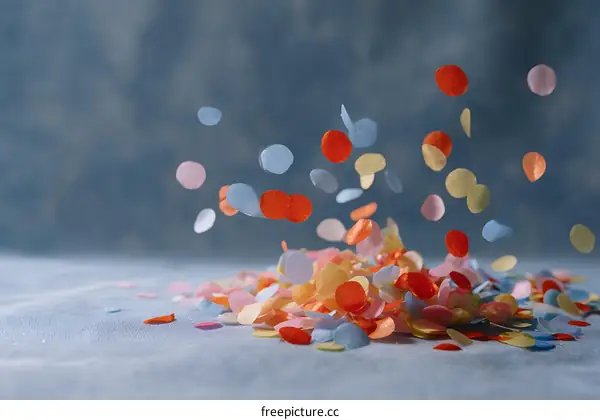 Colorful Confetti Falling on a Light Blue Surface