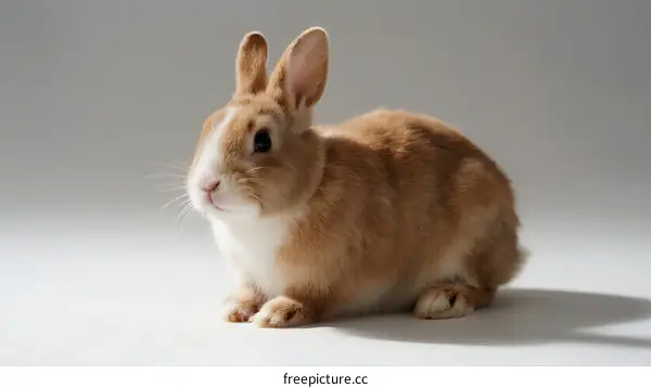A Small Brown and White Domestic Rabbit Sitting on White Background