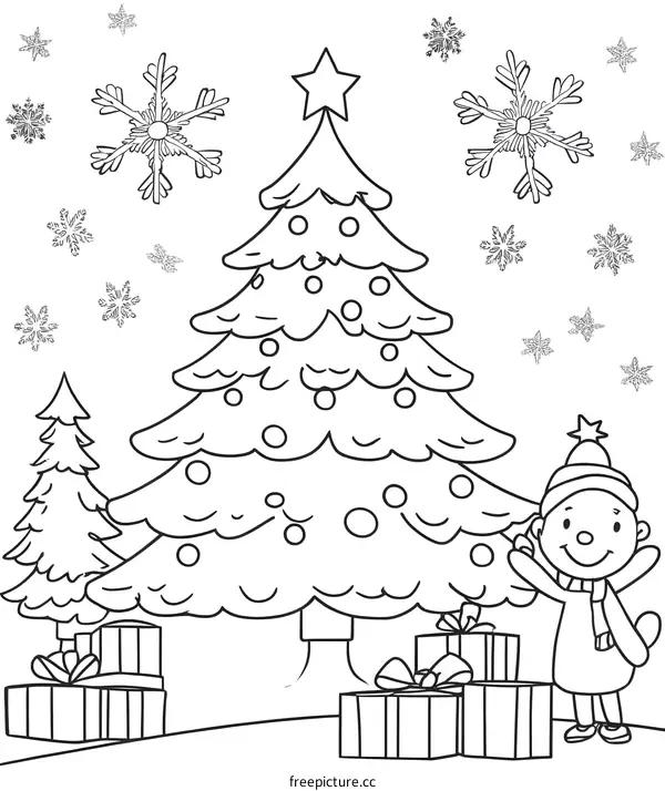 Christmas Tree Coloring Page with a Boy in a Winter Hat