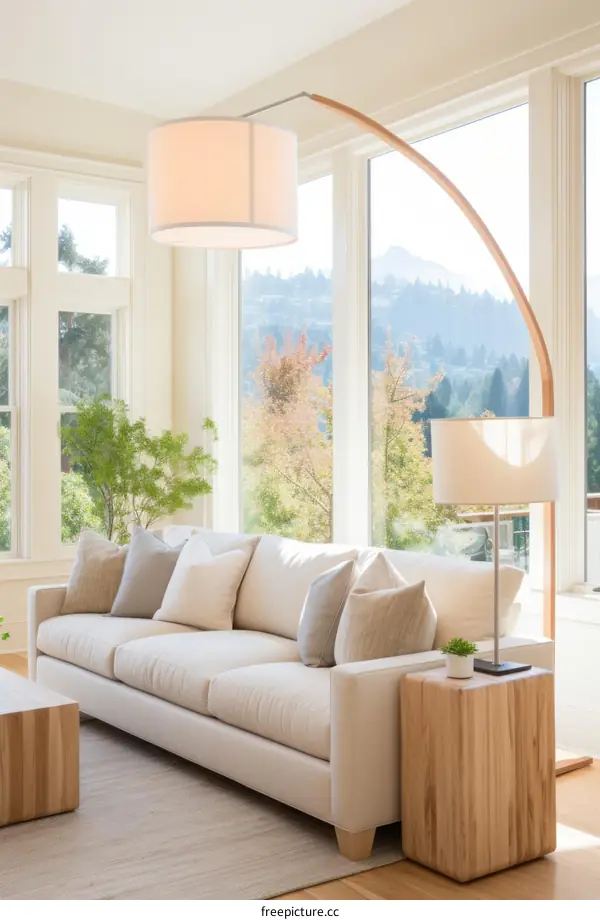 A bright and airy living room with a large curved floor lamp