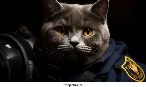 A gray cat wearing a police uniform and a badge