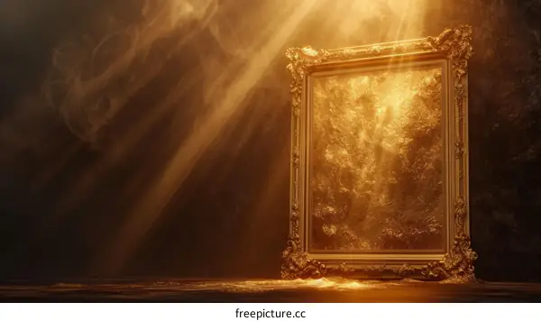 Golden frame with glowing light rays on a dark background