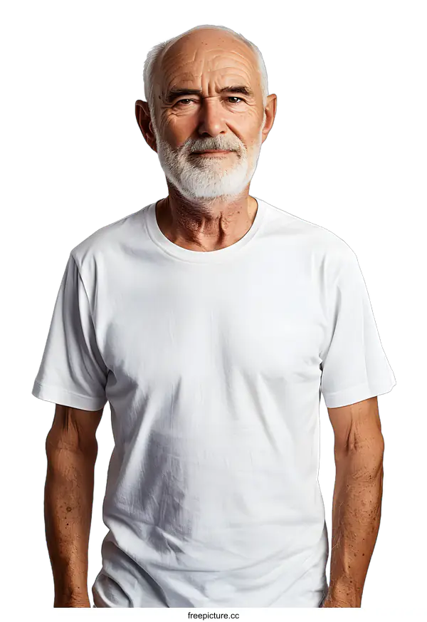 [Transparent Background PNG]Portrait of a Senior Man in a White T-Shirt