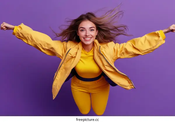 Smiling Woman in a Yellow Jacket Flying