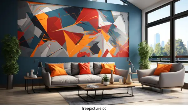 Bold Geometric Painting in Vibrant Blue and Orange