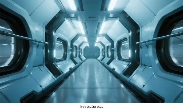 Futuristic Spaceship Corridor with Bright LED Lighting