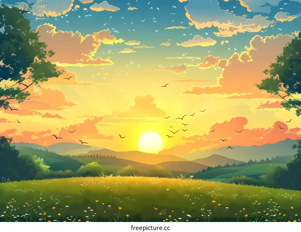 Countryside scenery under the sunset