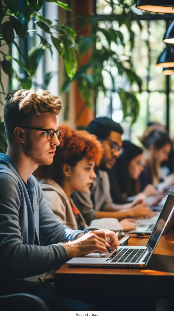 Focused multiethnic group of students studying together in library