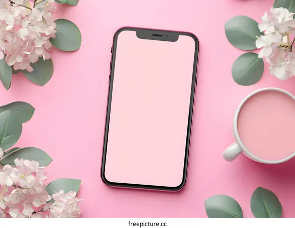 Blank Screen Smartphone Mockup with Pink Flowers and Coffee