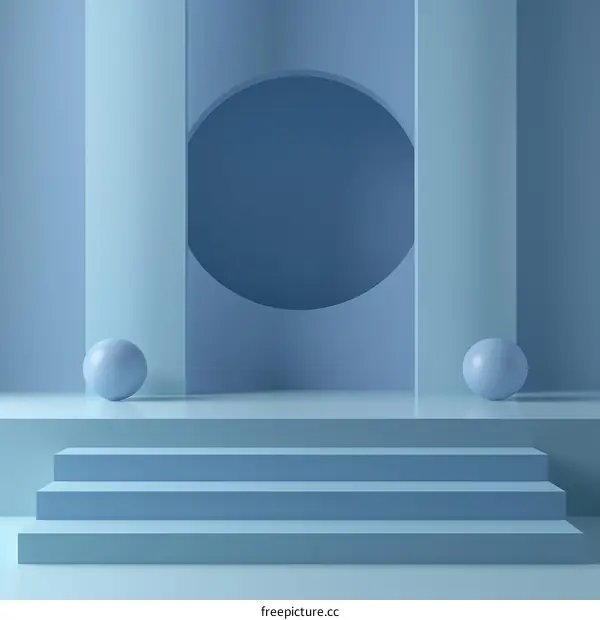 Blue abstract background with podium and spheres