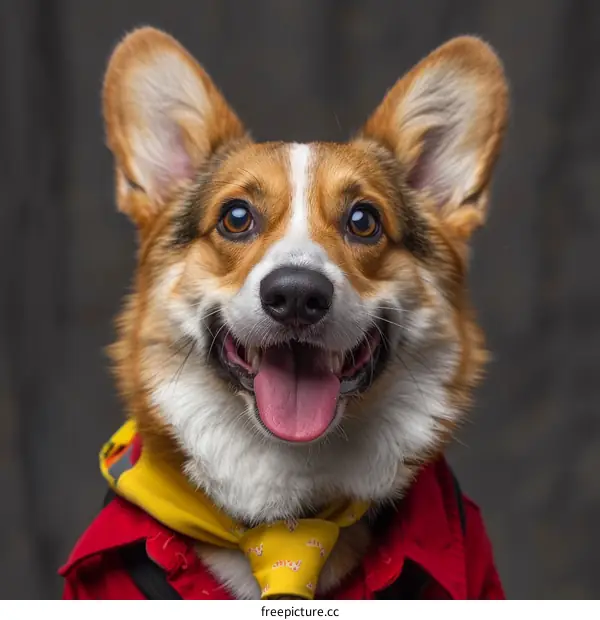 A happy corgi dog wearing a red shirt and a yellow scarf