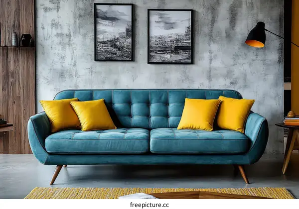 Teal Sofa with Mustard Yellow Pillows in a Modern Living Room