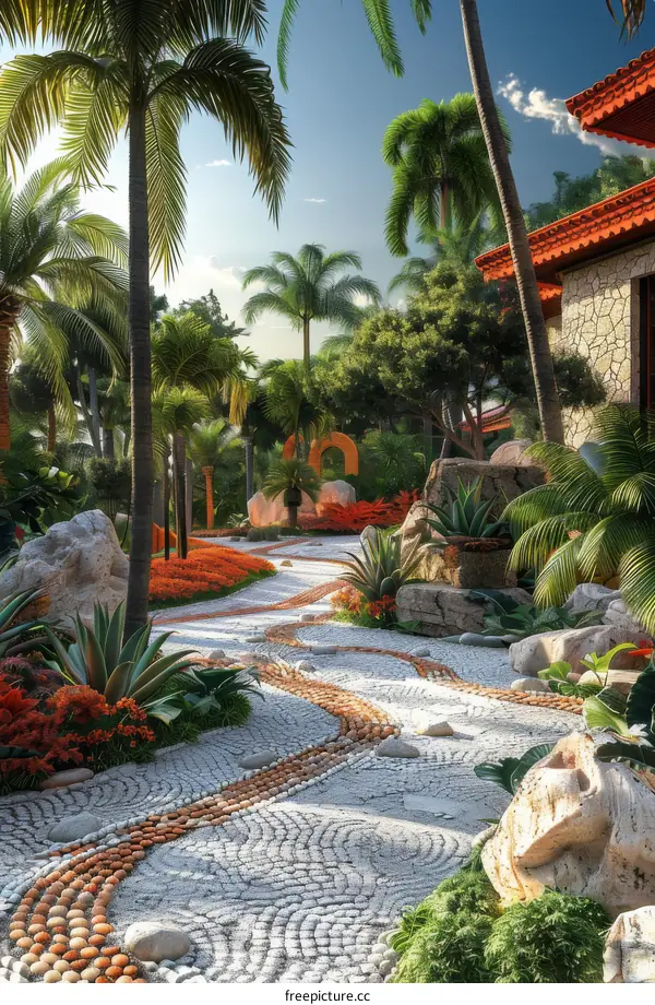Tranquil Tropical Garden with Winding Stone Pathway