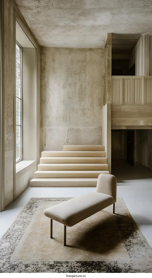 Modern Interior Design with Beige Sofa and Wooden Stairs