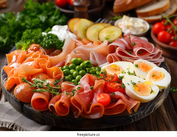 Appetizing cold cuts and cheese platter with fresh vegetables, greens and eggs
