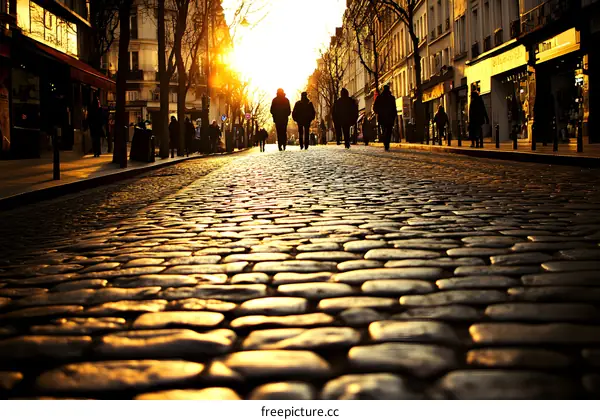 Cobblestone Street in Paris at Sunset with Silhouettes of People Walking