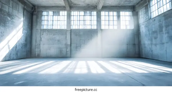 Empty Concrete Room with Sunlight Streaming Through Windows