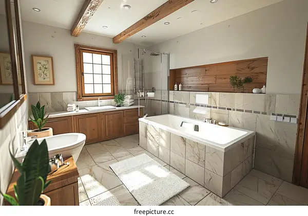 Modern Bathroom Design With Wooden Beams And White Bathtub