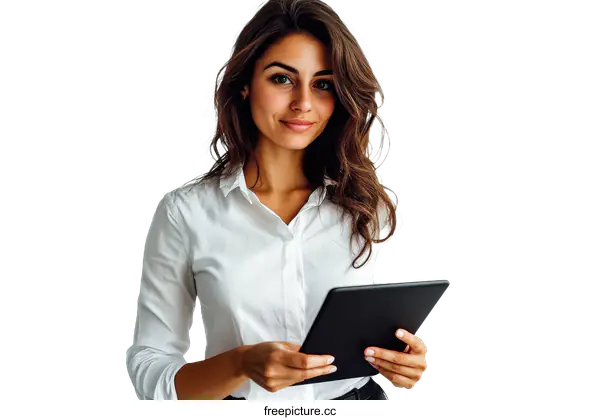 [Transparent Background PNG]Confident Young Woman Holding Tablet