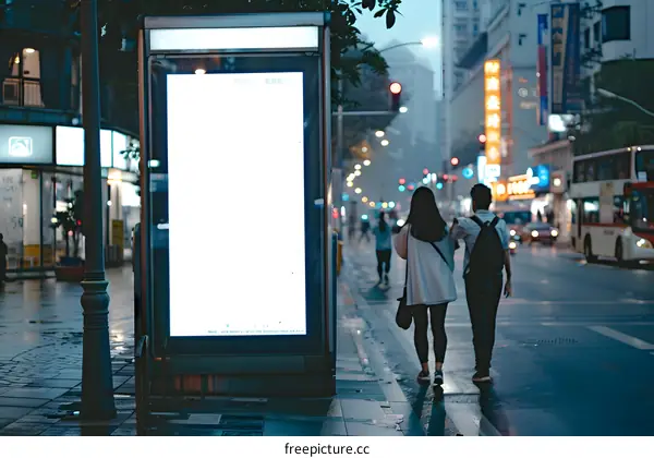 Blank Billboard Ad in a City Street with People Walking
