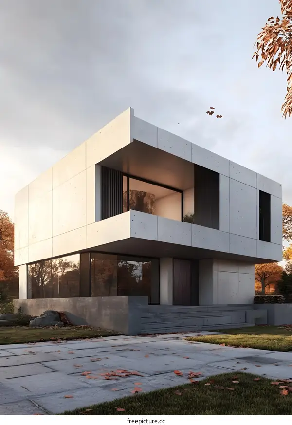 Modern Concrete House with Large Windows and Autumn Foliage