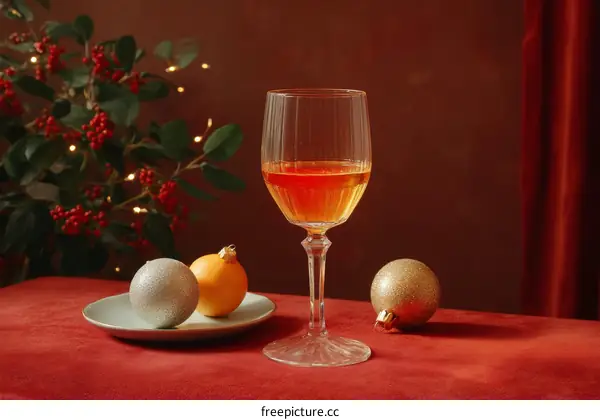 Christmas Festive Table Setting with Wine Glass and Ornaments
