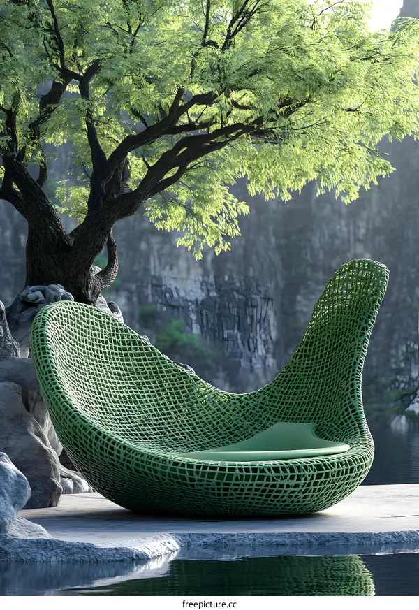 Green Woven Outdoor Chair by the Pool