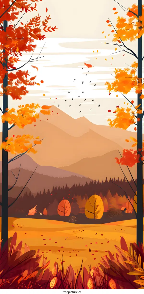 Autumn Landscape with Trees and Mountains