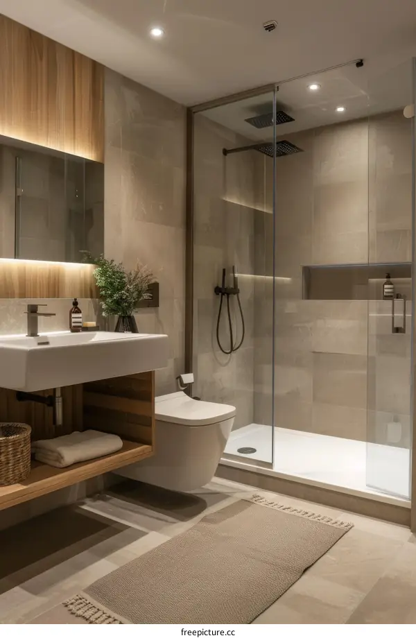 Bathroom interior with beige tiles and wooden vanity