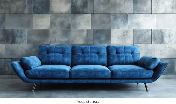 Modern Blue Velvet Sofa in a Modern Living Room