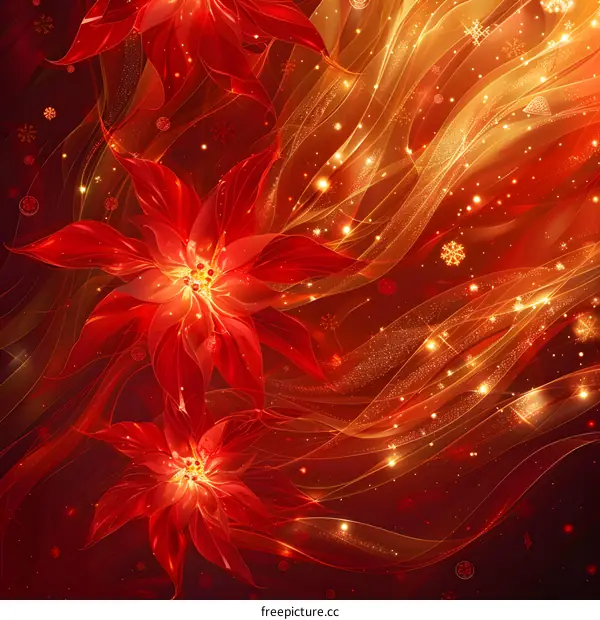 Red and gold poinsettia flowers with golden swirls and snowflakes