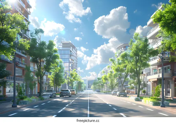 A wide street with trees and buildings on both sides