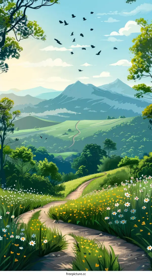 Birds flying over a valley with mountains in the distance