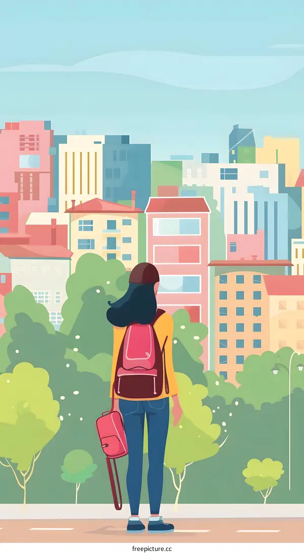 Woman with Backpack Looking at Cityscape