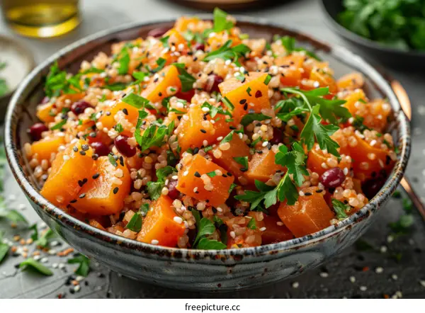 Bulgur Wheat Salad with Roasted Pumpkin, Red Bean and Parsley