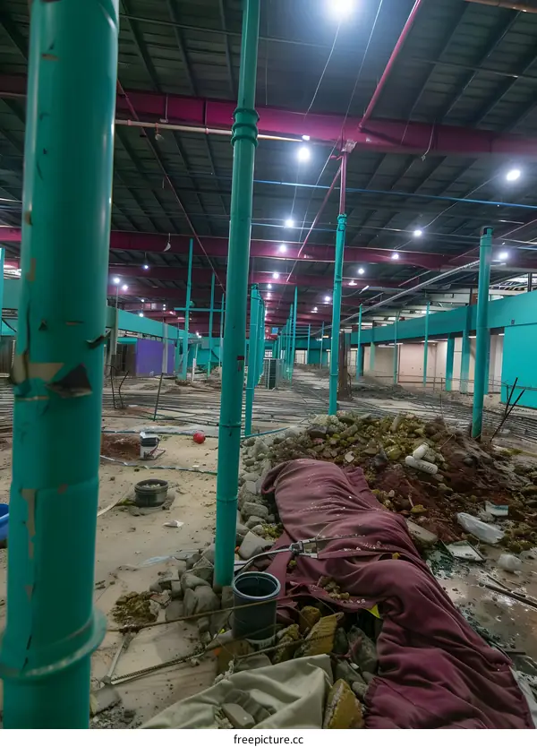 Construction Site With Concrete Pillars And Wires