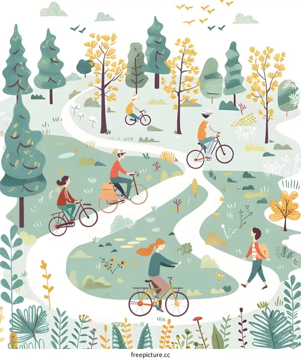 Illustration of a Family Biking in the Park on a Sunny Day