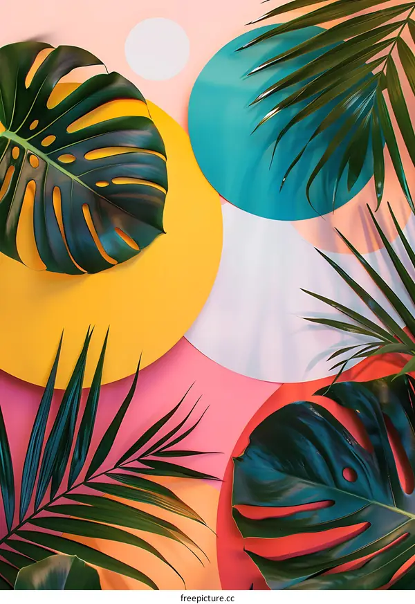 Tropical Leaf Background with Colorful Circles