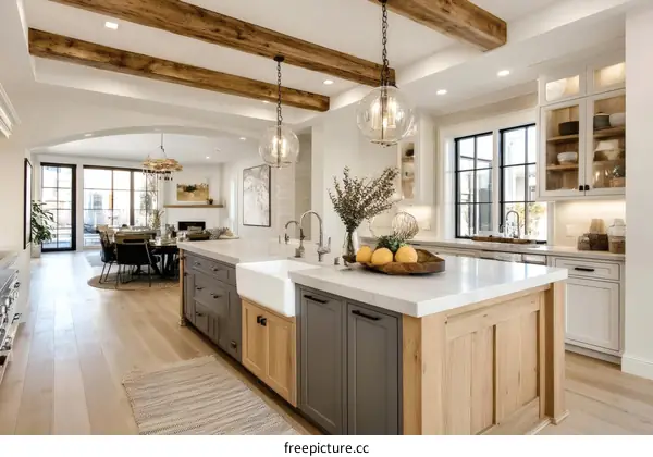 Modern Farmhouse Kitchen with Wooden Beams