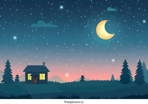 Night Sky with Stars and a Crescent Moon Over a Cabin in the Woods