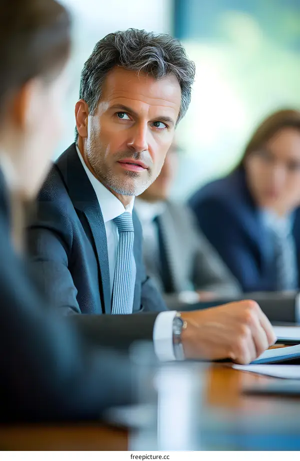 Businessman in Meeting Focused on Presentation