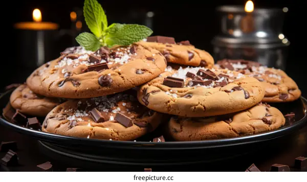 A plate full of chocolate chip cookies