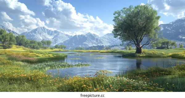 Nature's Beauty: Serene Lake and Mountain Landscape with Grass and Flowers