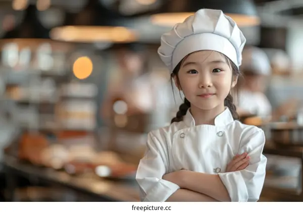 little girl in chef uniform with arms crossed