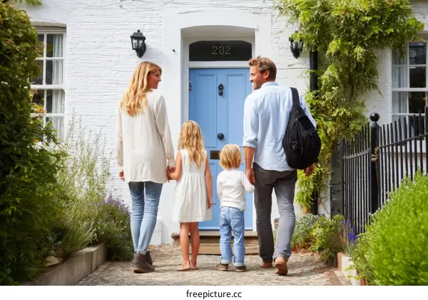 Family Leaving a House in the Suburbs